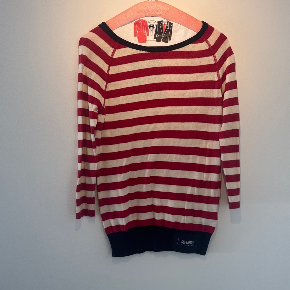 Superdry Women's Red and Cream Striped Sweater